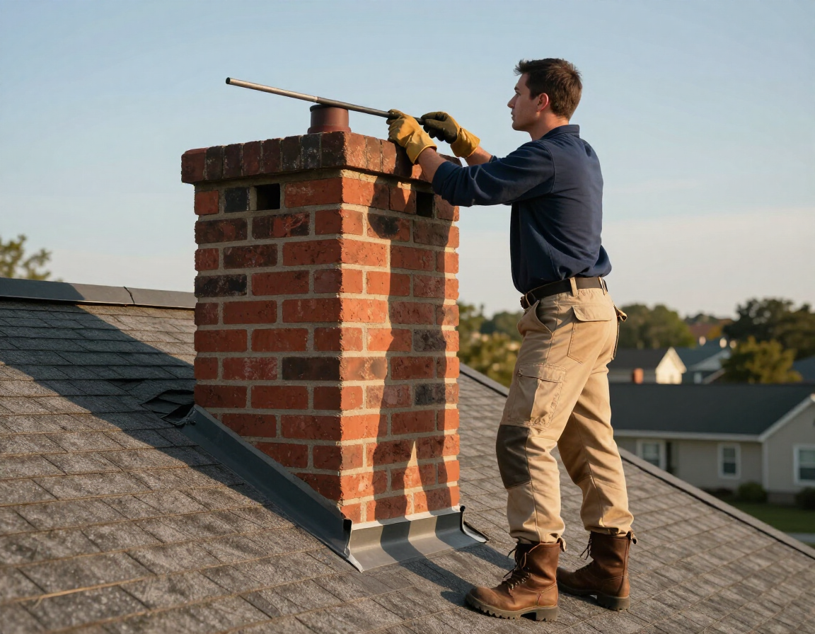 Chimney technician inspecting a residential brick chimney