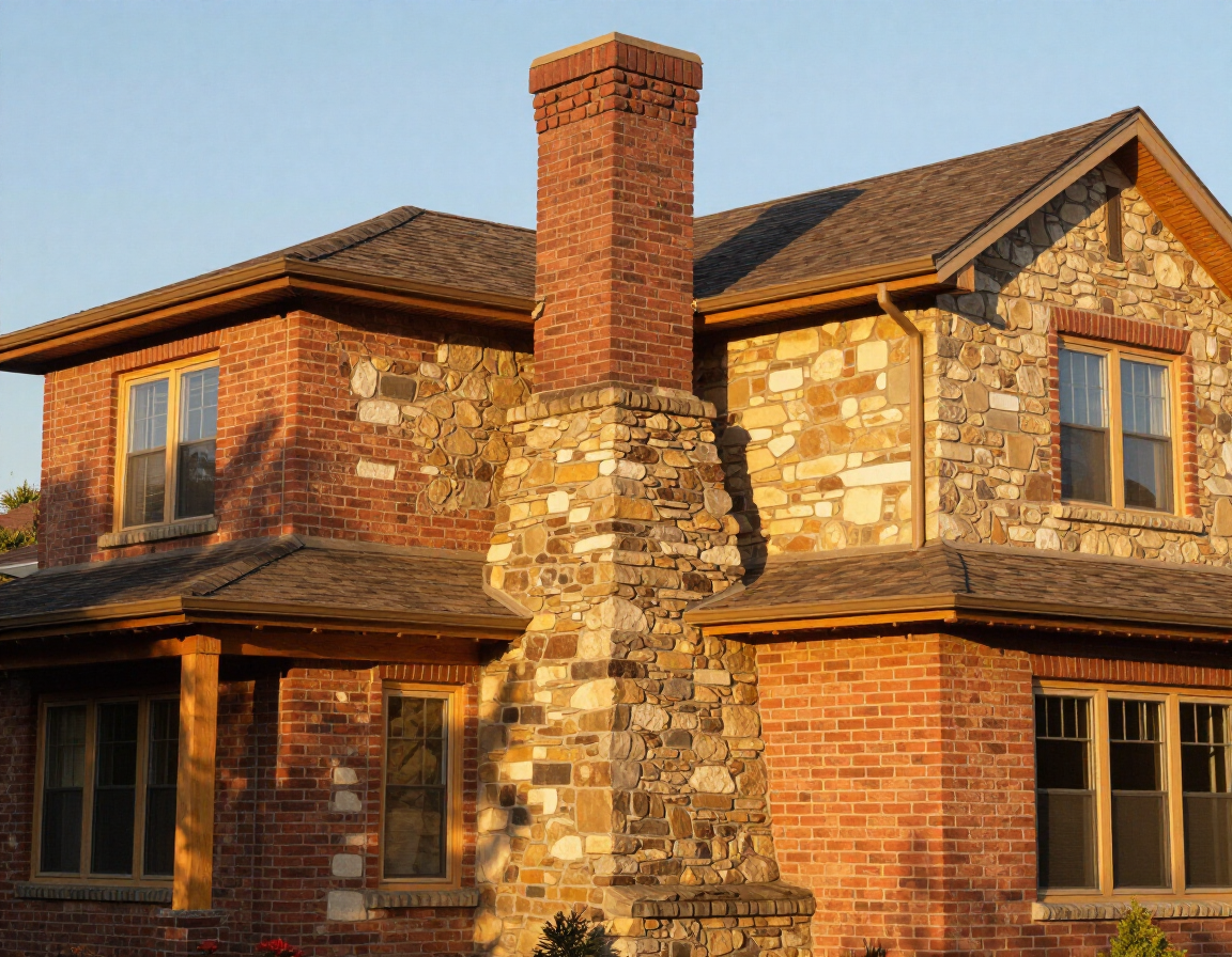 Brick and stone chimney on a warm residential home exterior