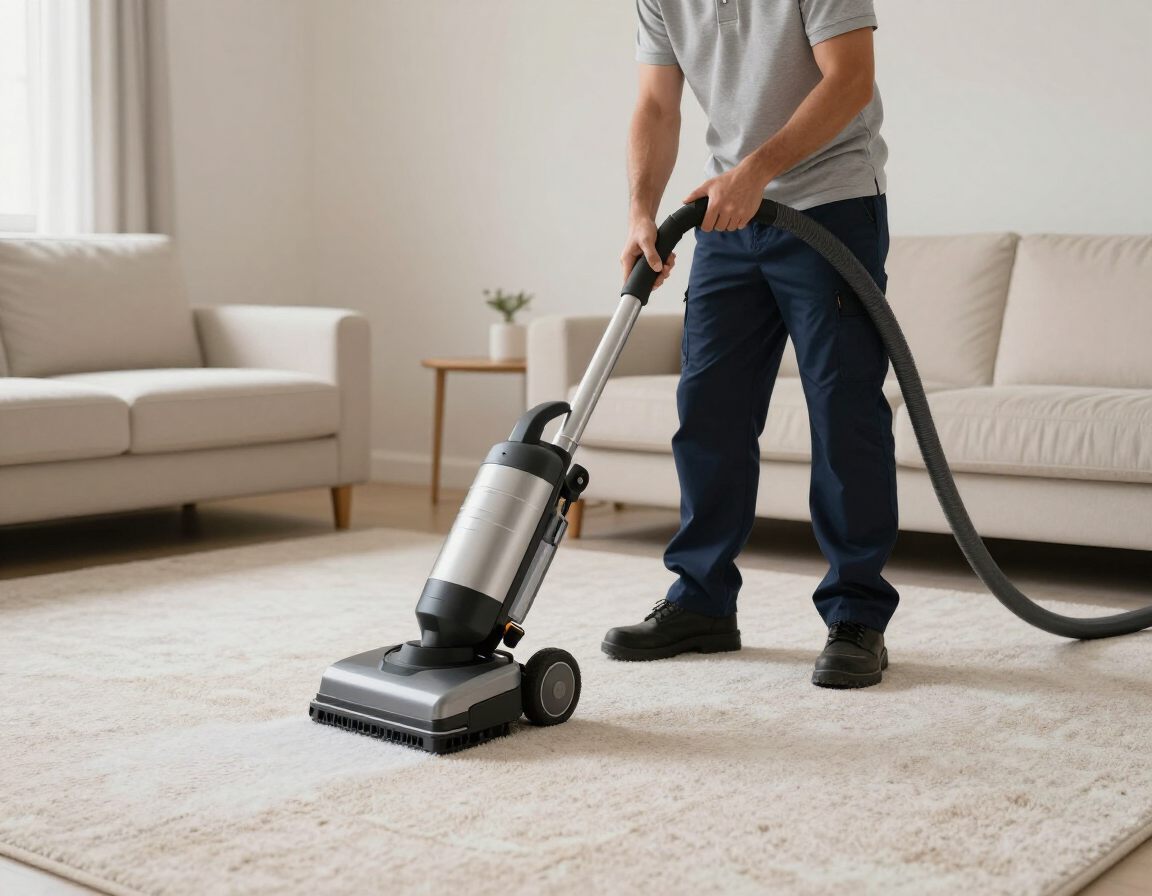 Carpet cleaning technician using professional equipment in a residential home