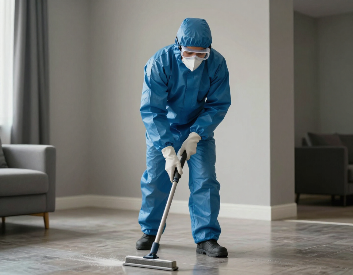 Biohazard cleanup technician in full protective equipment