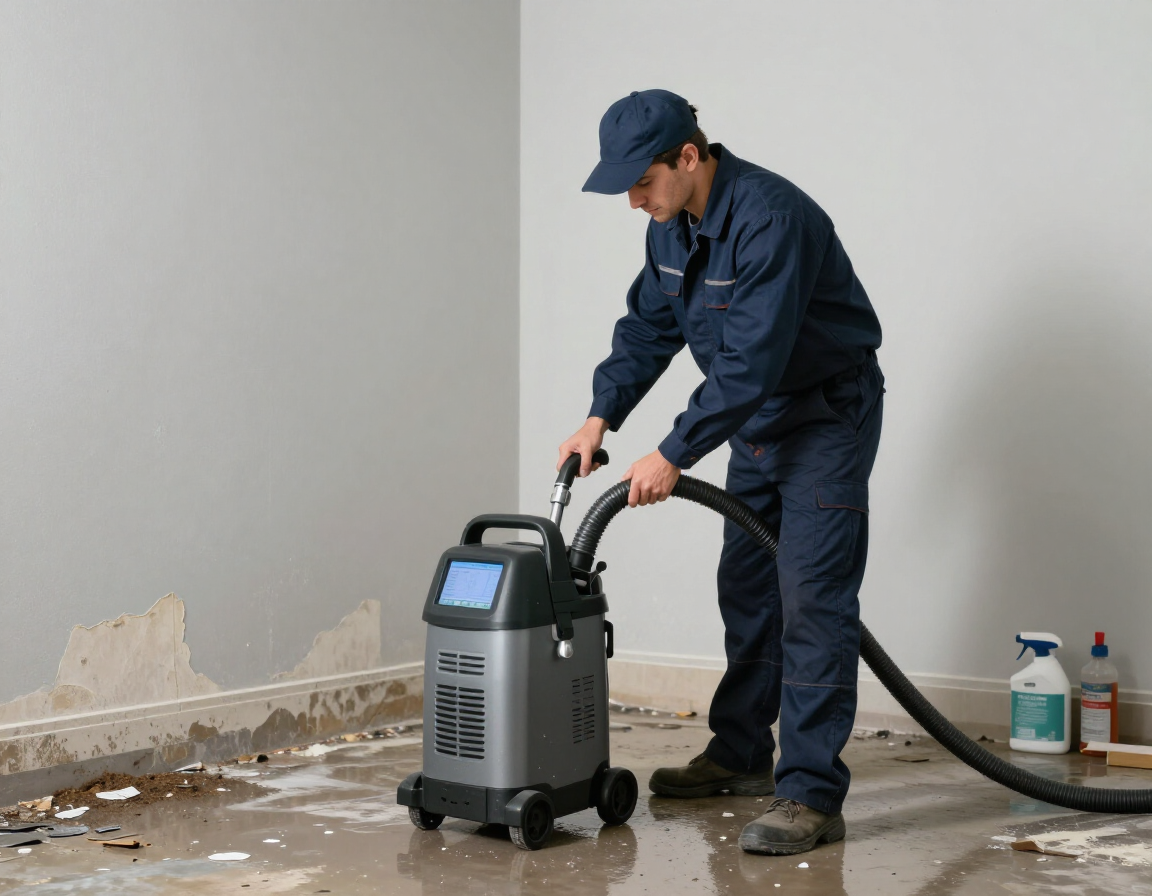 Restoration technician using extraction equipment in a water-damaged room
