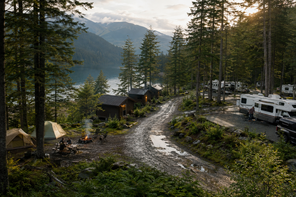 Aerial view of the campground nestled among pines beside a lake at dusk