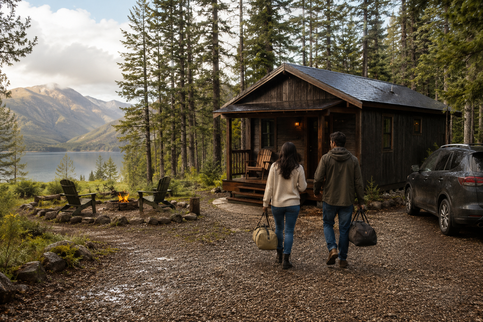 A dark timber cabin in the pines with a firepit and lake view