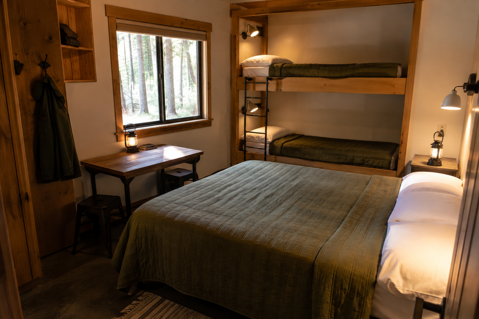 Cozy cabin bedroom with bunk beds and warm lantern light