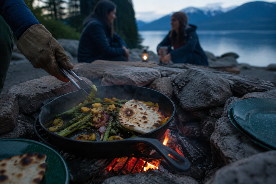 Cast iron skillet of grilled vegetables and flatbread cooking over a lakeside campfire