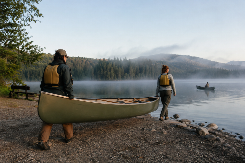 Campers launching a canoe into a misty lake at sunrise