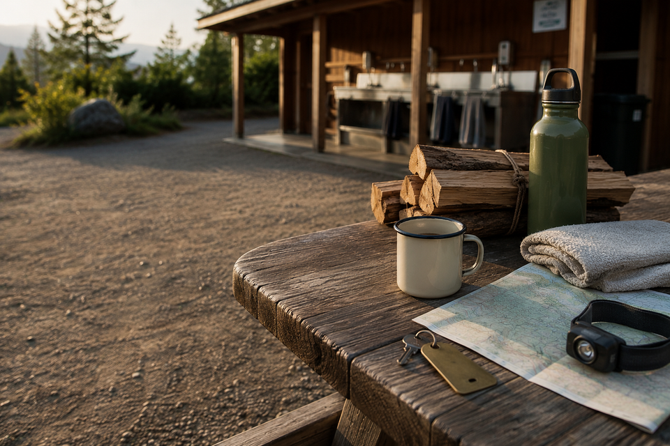 Camp mug, map, and headlamp resting on a weathered picnic table