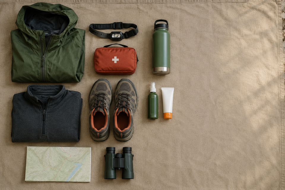 Packed camping gear laid out including jacket, boots, map, and binoculars