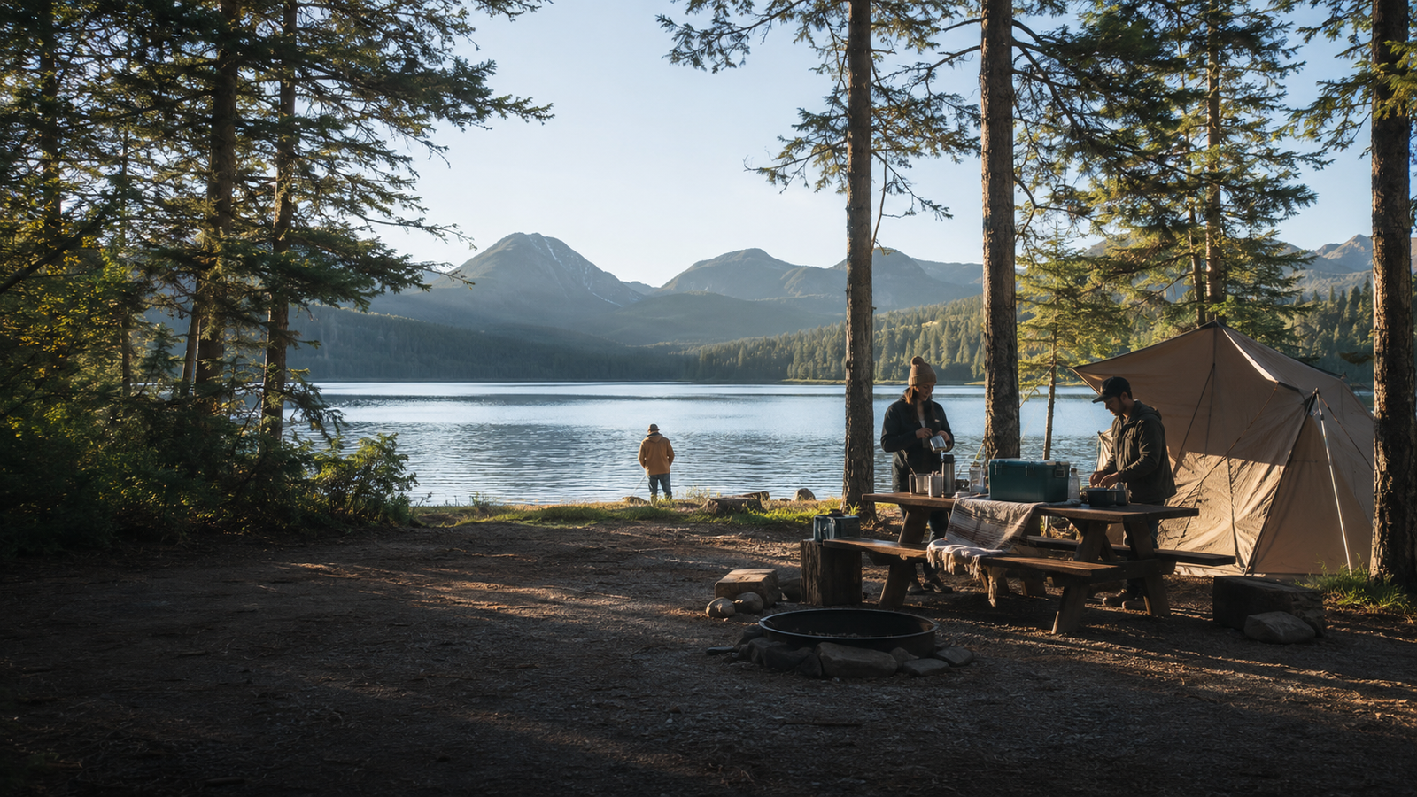 Lakeside campsite with pines and mountains