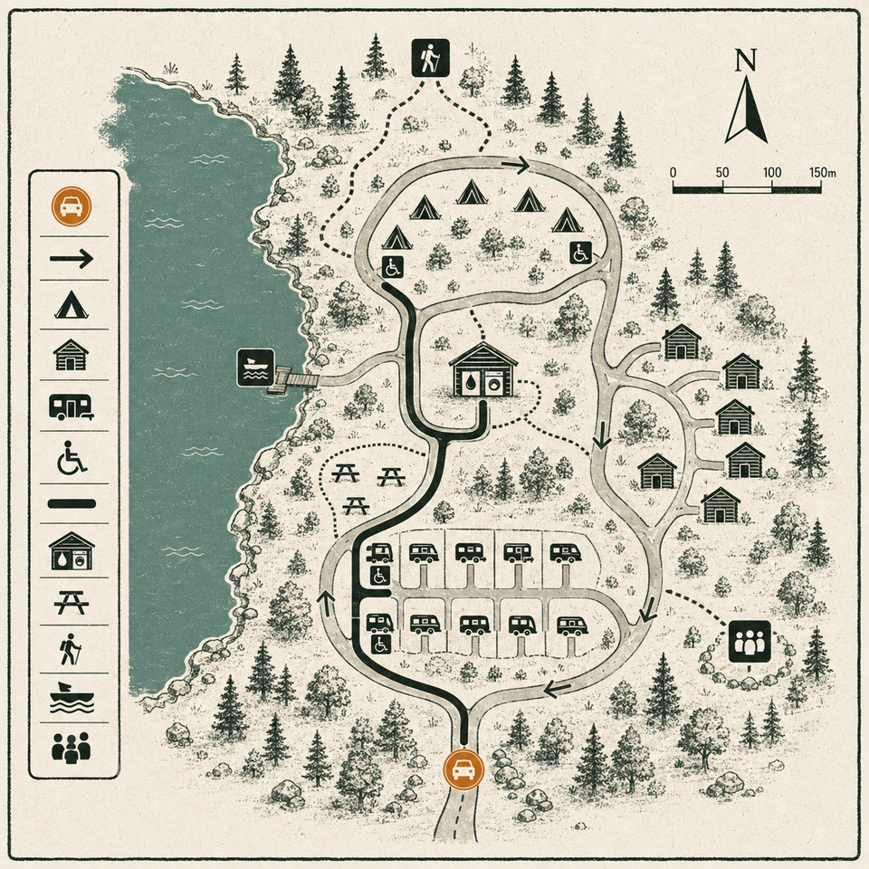 Illustrated map of Pinehaven Campgrounds showing tent sites, cabins, RV loop, lake dock, and trailhead