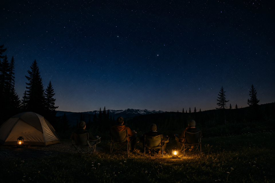Campers gathered around lanterns beneath a star-filled night sky