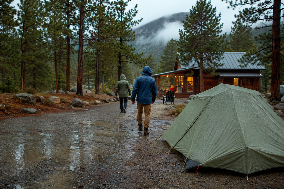 Campers walking past a tent toward a warmly lit cabin on a rainy evening
