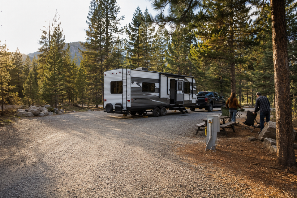 An RV trailer parked among tall pines with a picnic table nearby