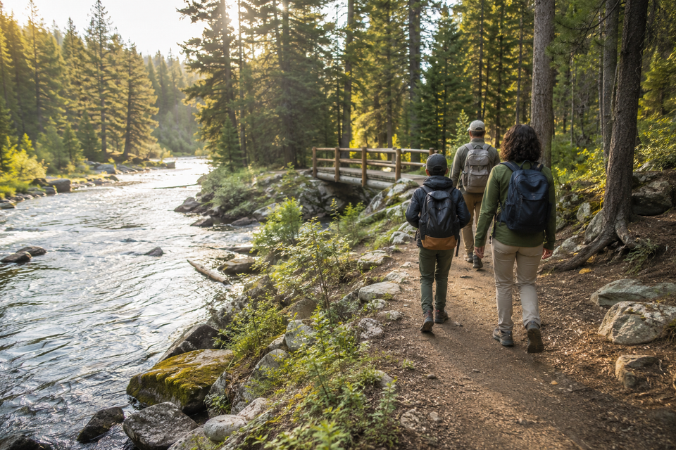 A family hiking along a forested riverside trail