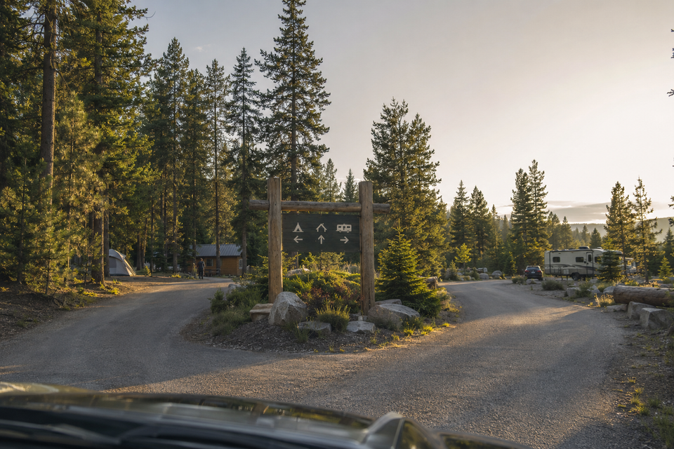 Wooden trail signpost pointing toward tent, cabin, and RV areas