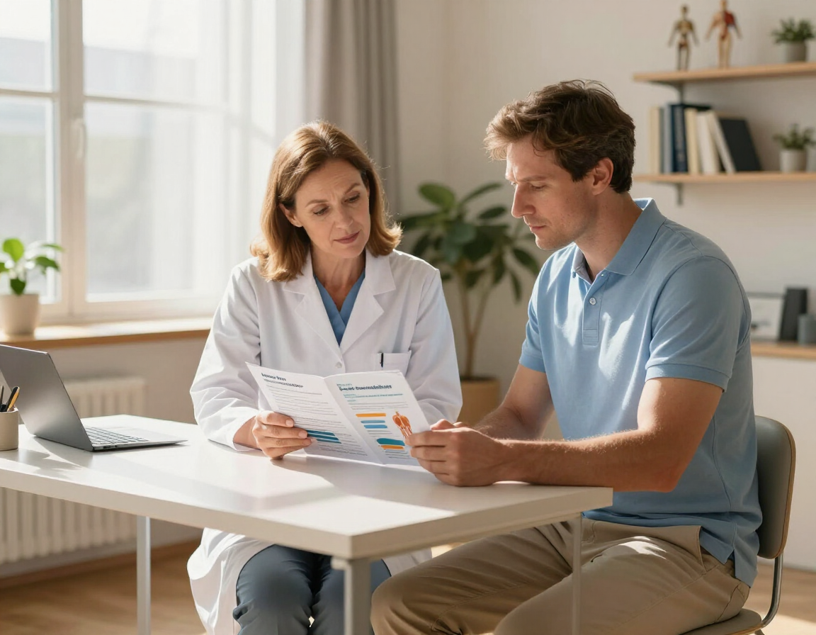 Chiropractor and patient reviewing wellness information