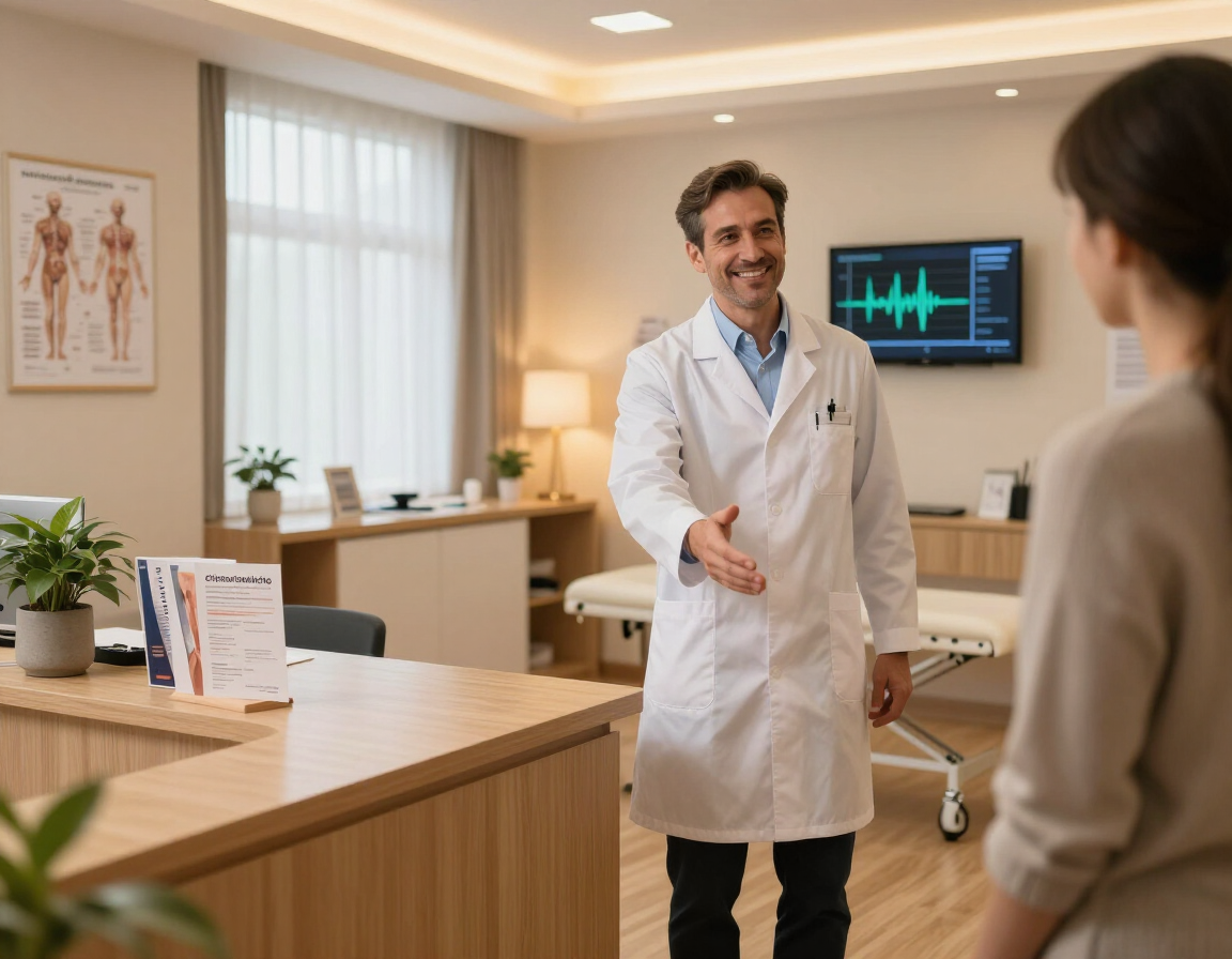 Chiropractor welcoming a patient at the practice