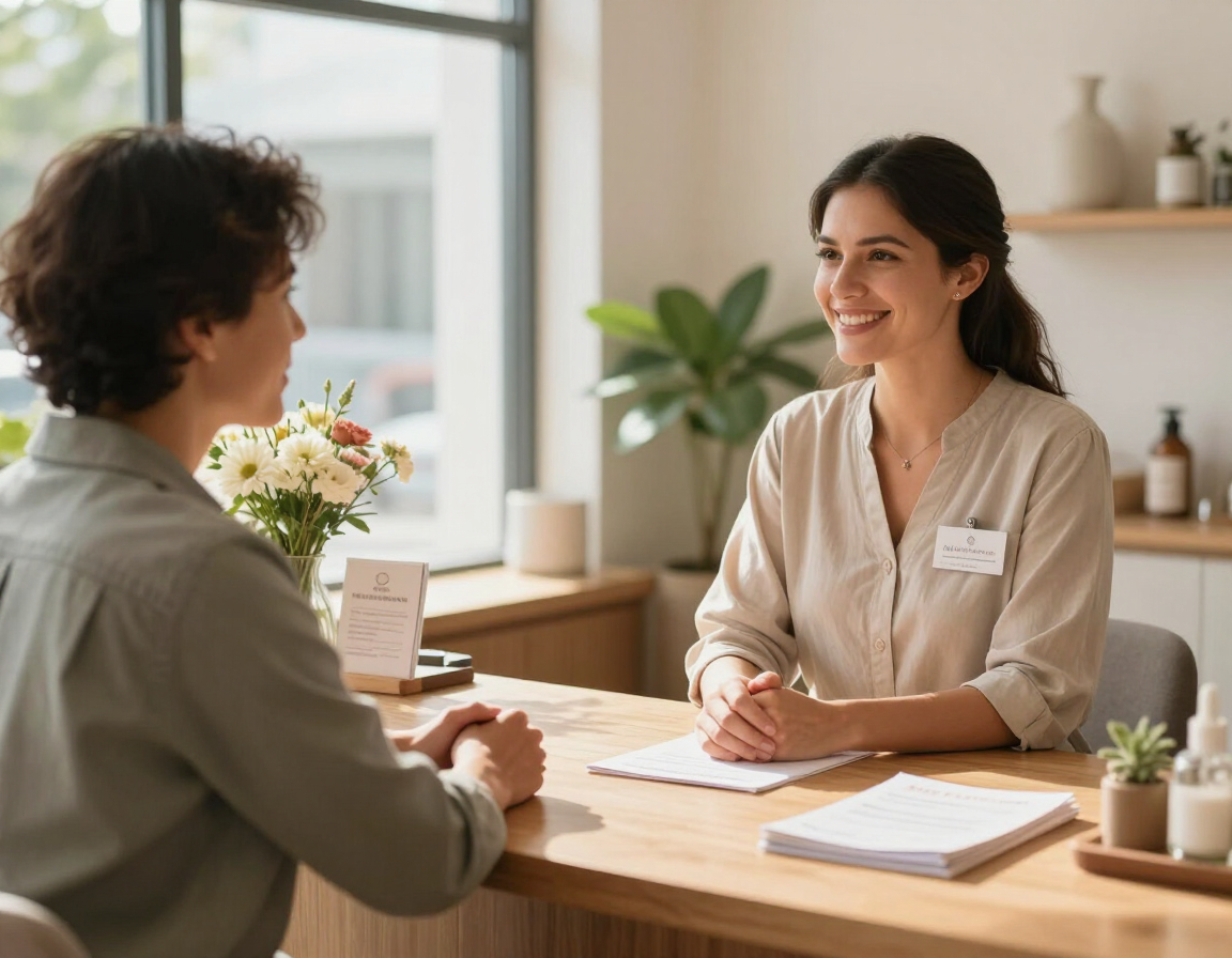 Patient speaking with staff at the front desk
