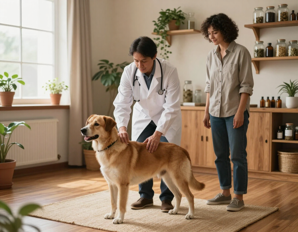 Practitioner assessing a dog with its owner in a treatment setting