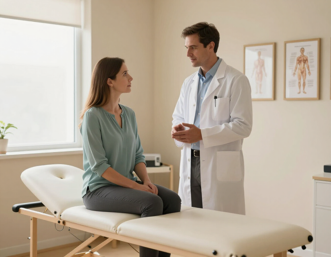 Chiropractor speaking with a patient in a treatment room