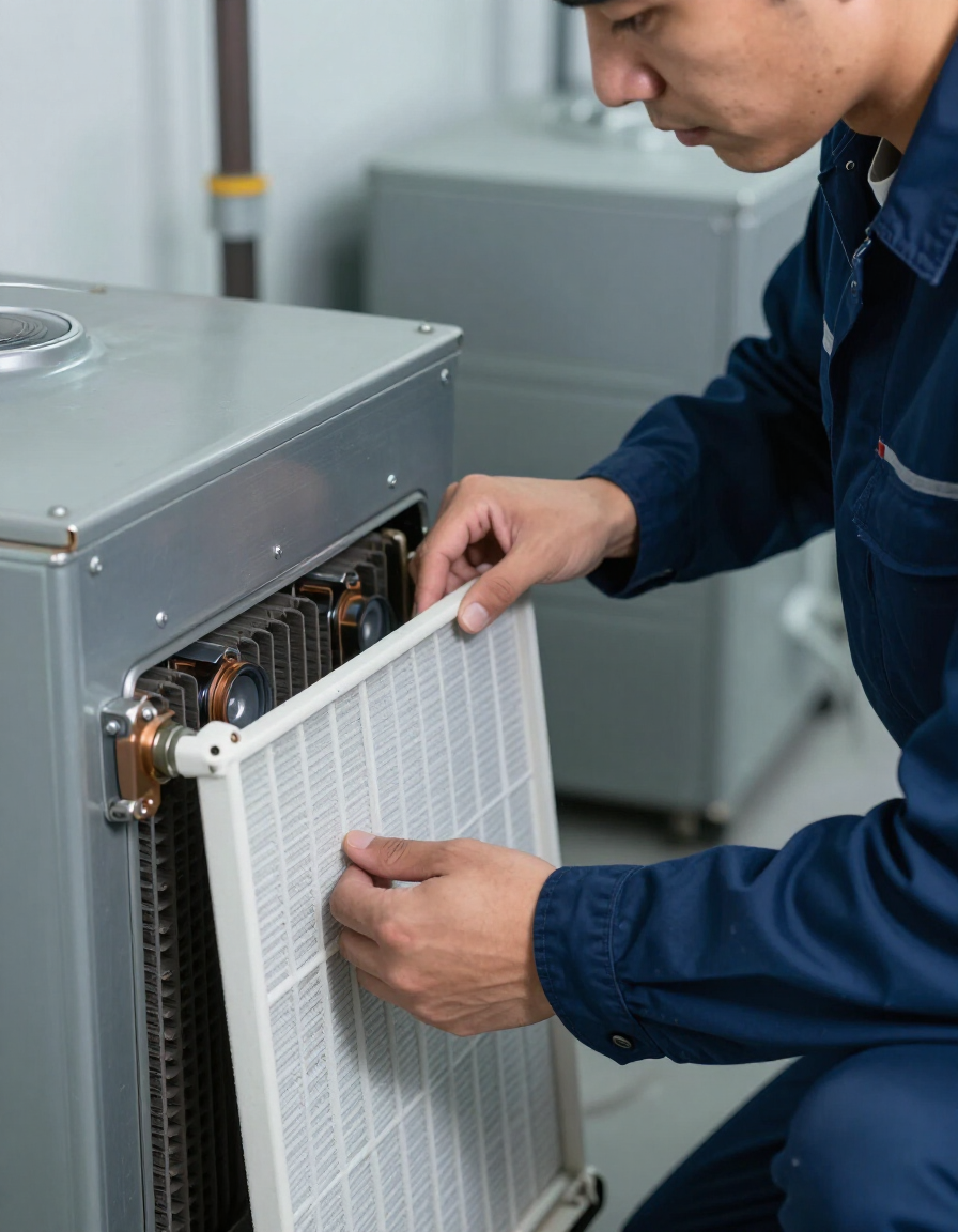 Technician performing close-up inspection of heating components