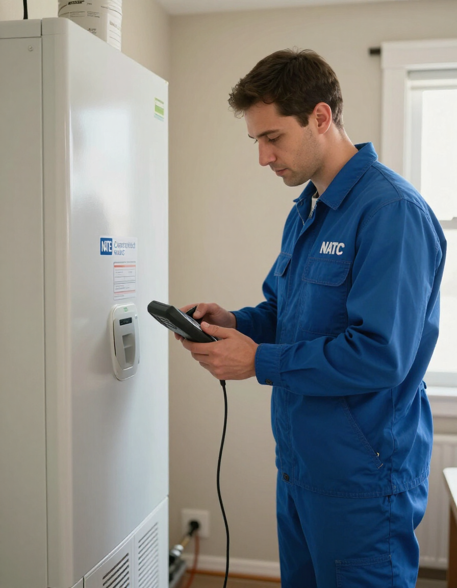 NATE-certified All Weather technician inspecting a residential furnace