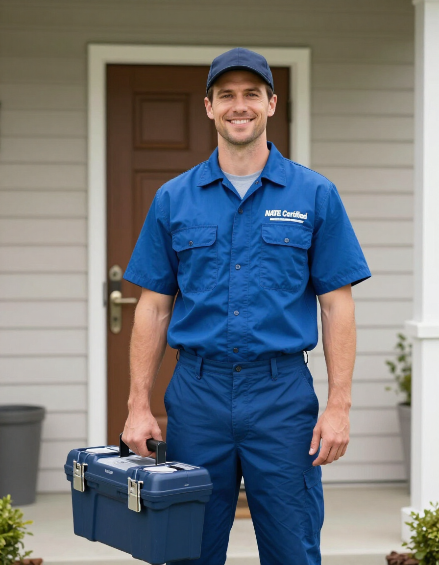 NATE-certified HVAC technician in uniform at customer front door