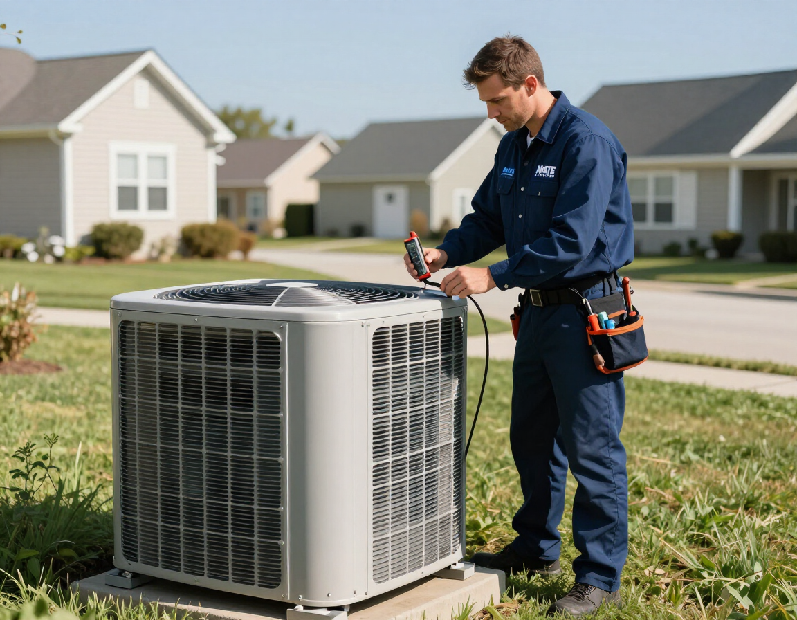 NATE-certified technician diagnosing a residential A/C condenser unit