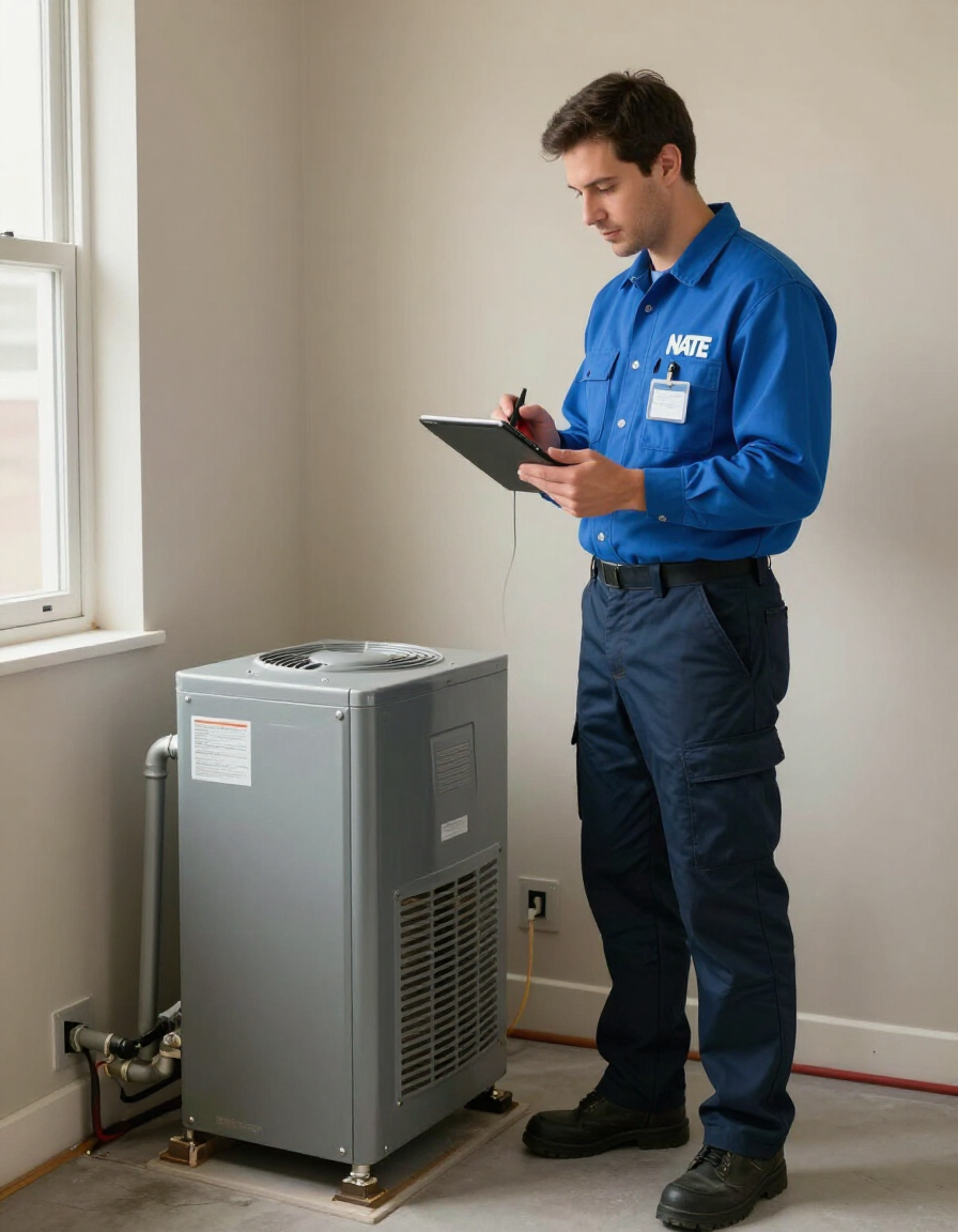 NATE-certified technician servicing a residential furnace