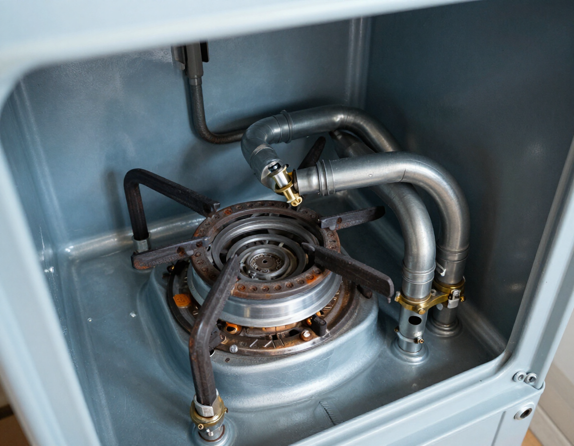Residential gas furnace with burner and heat exchanger detail