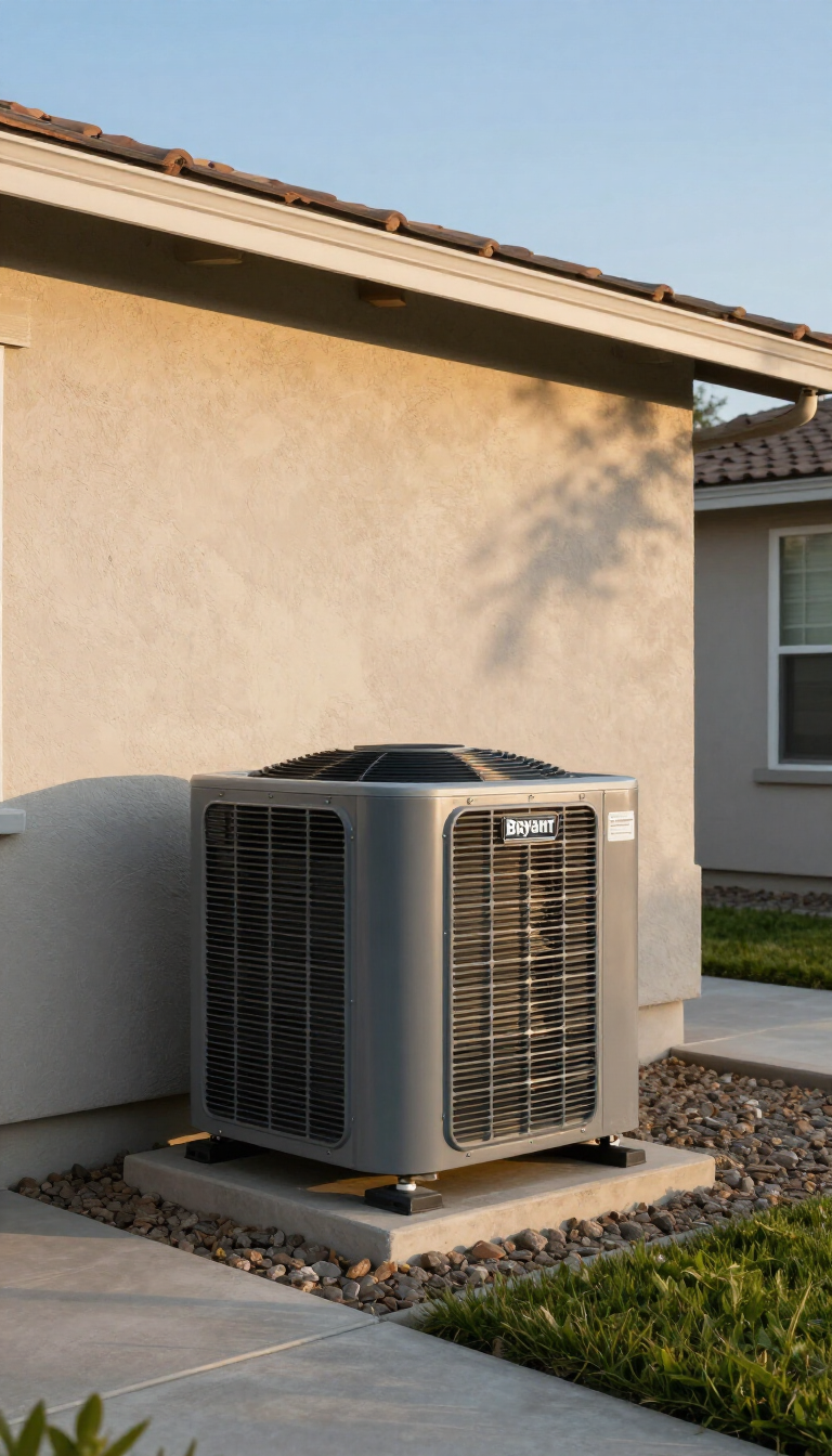 Bryant A/C condenser unit on a suburban home in Vacaville CA