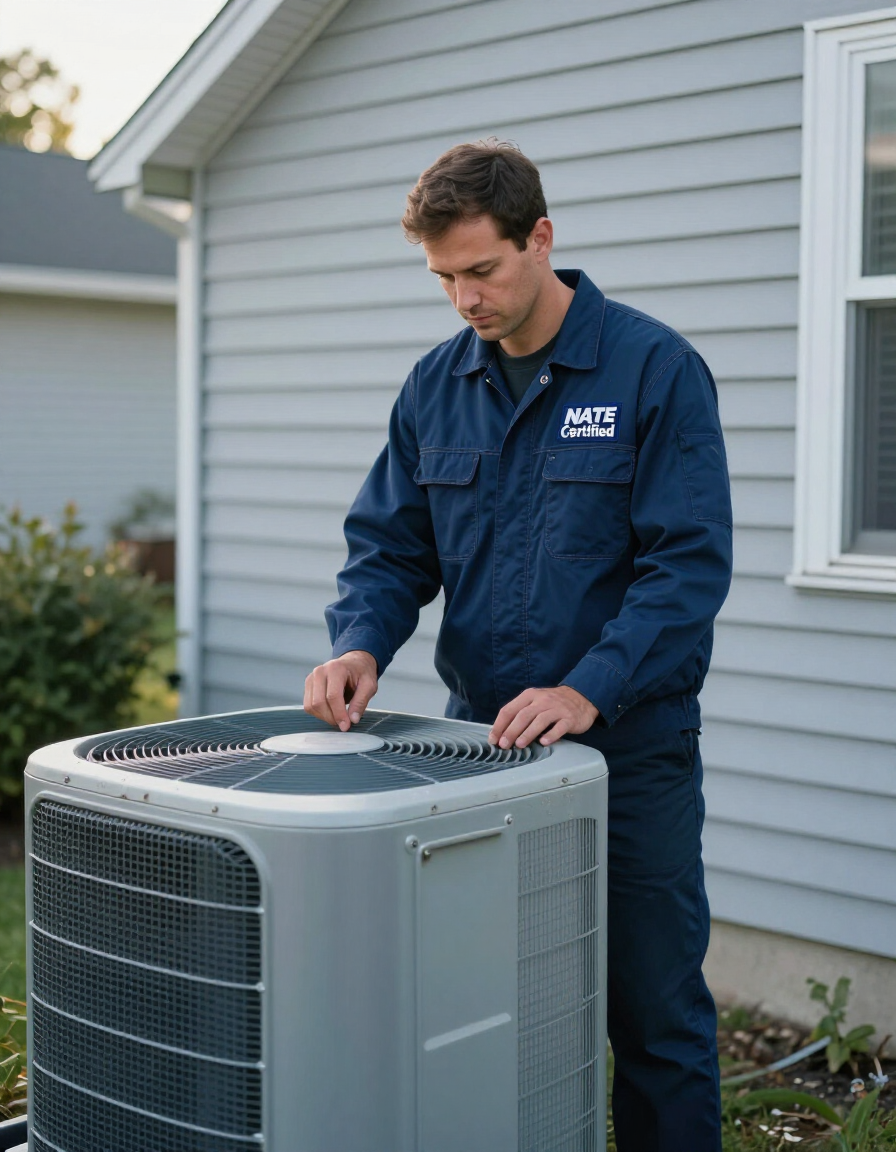 NATE-certified technician inspecting an outdoor A/C unit