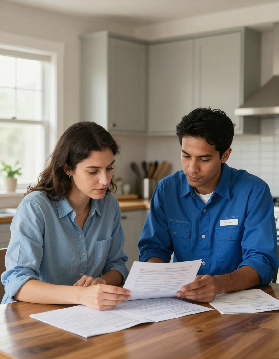 Homeowner and technician reviewing financing options