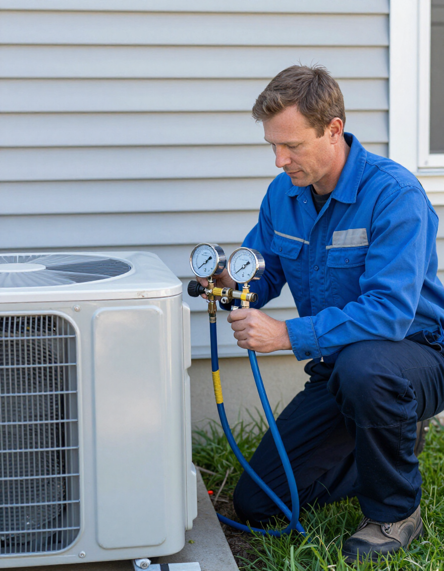 Technician checking gauges at outdoor HVAC unit