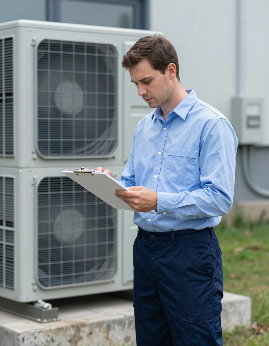 Technician reviewing checklist next to AC condenser
