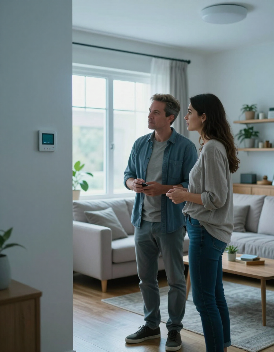 Homeowner couple speaking with All Weather technician