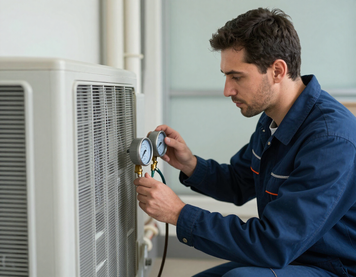 Technician inspecting evaporator coils and checking refrigerant gauges