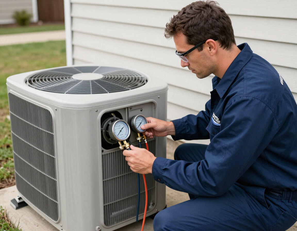 NATE-certified technician performing A/C inspection on outdoor condenser unit