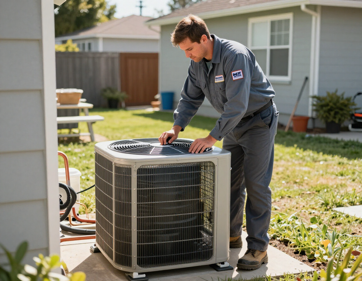 HVAC technician installing outdoor A/C condenser unit
