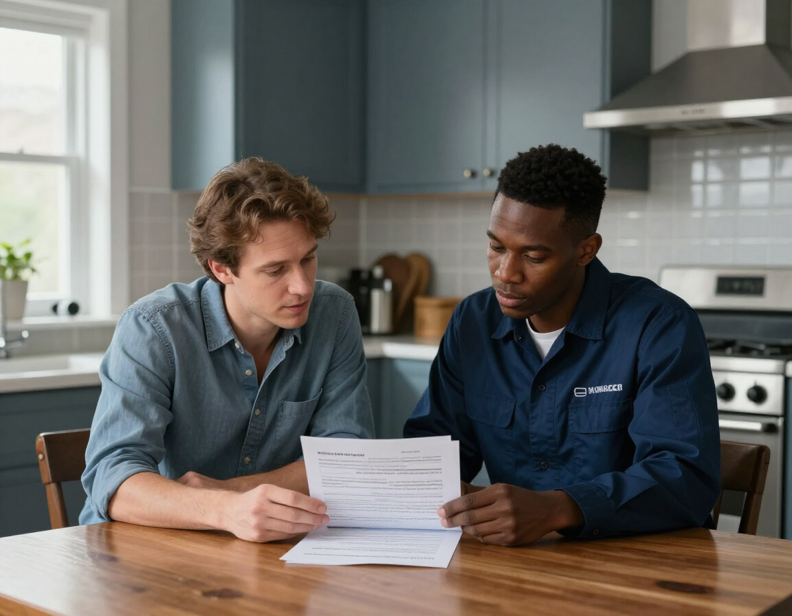 Homeowner reviewing financing paperwork with an HVAC technician
