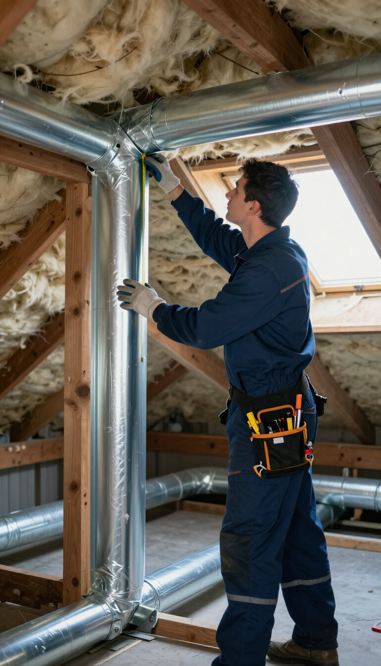 Technician installing sheet-metal ductwork in a residential attic