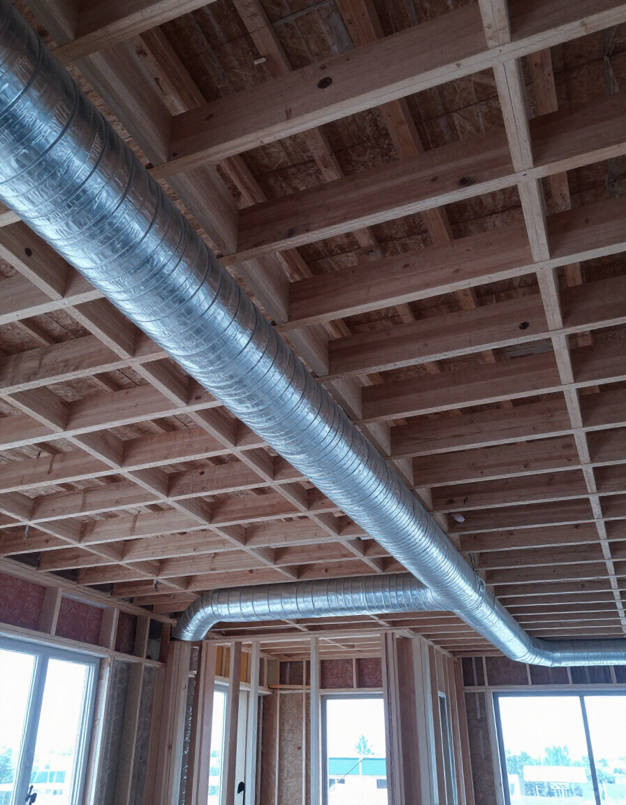 New home construction site with flexible duct runs being routed through ceiling joists
