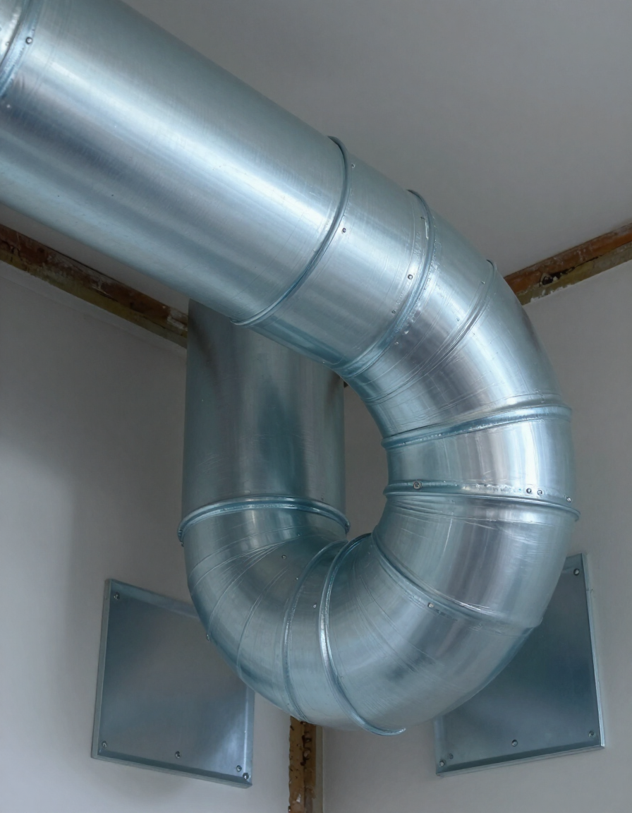 Neatly installed residential duct trunk line with clean sheet-metal work