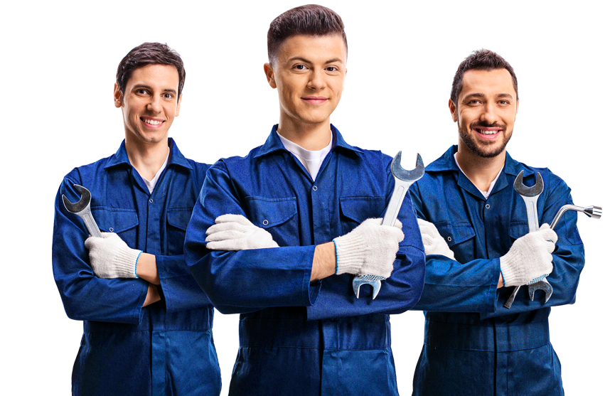 Three smiling mechanics in blue overalls, holding tools, with white gloves, arms crossed.
