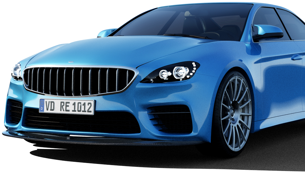 Blue sports car with black grill, parked, front view.