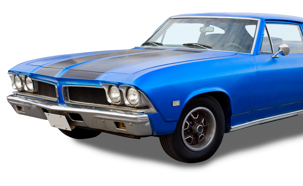 Blue classic car with black racing stripes on hood.