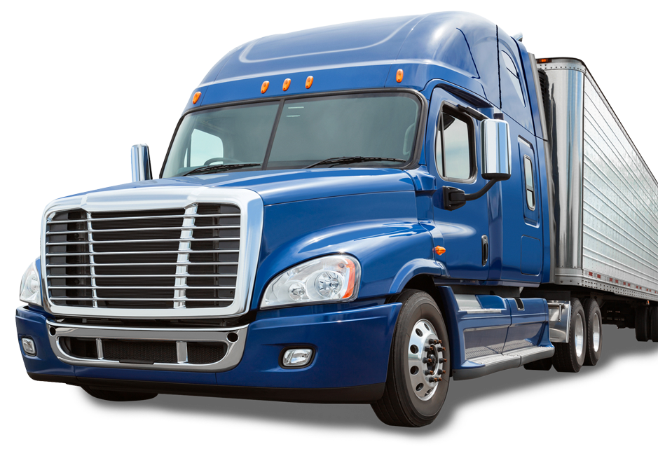 Blue semi-truck with a silver trailer on a white background.