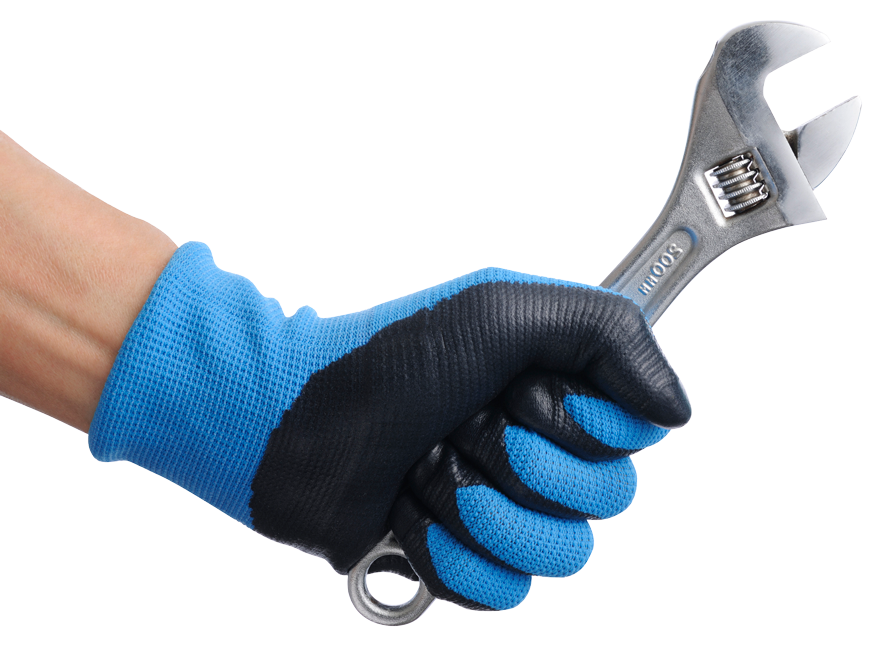 Hand in blue and black work glove gripping a wrench.