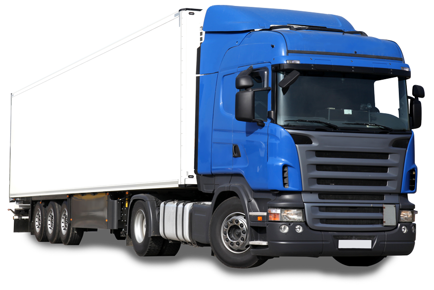 Blue and black semi-truck with a white trailer on a white background.