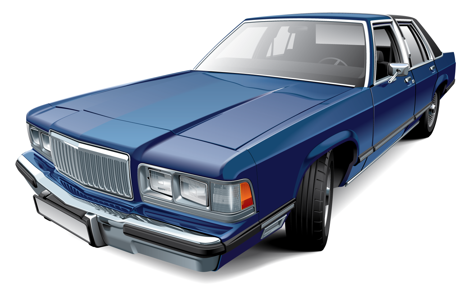 Blue sedan car, parked on a white background.